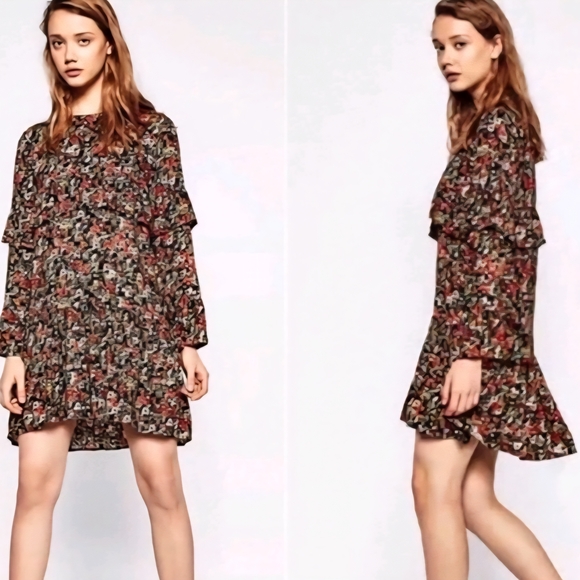 Zara Dresses & Skirts - Zara Multicolor Floral Ruffled Long Sleeve Dress Contemporary Boho Cottagecore